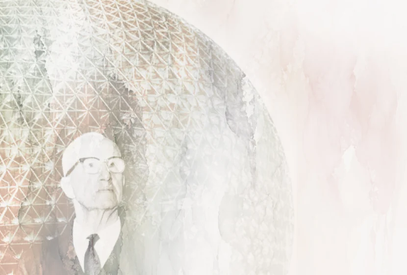 A collage portrait of Buckminster Fuller beside a geodesic dome