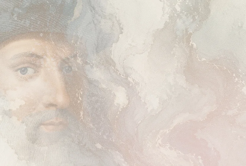 A textured collage portrait of Leonardo da Vinci with architectural sketches