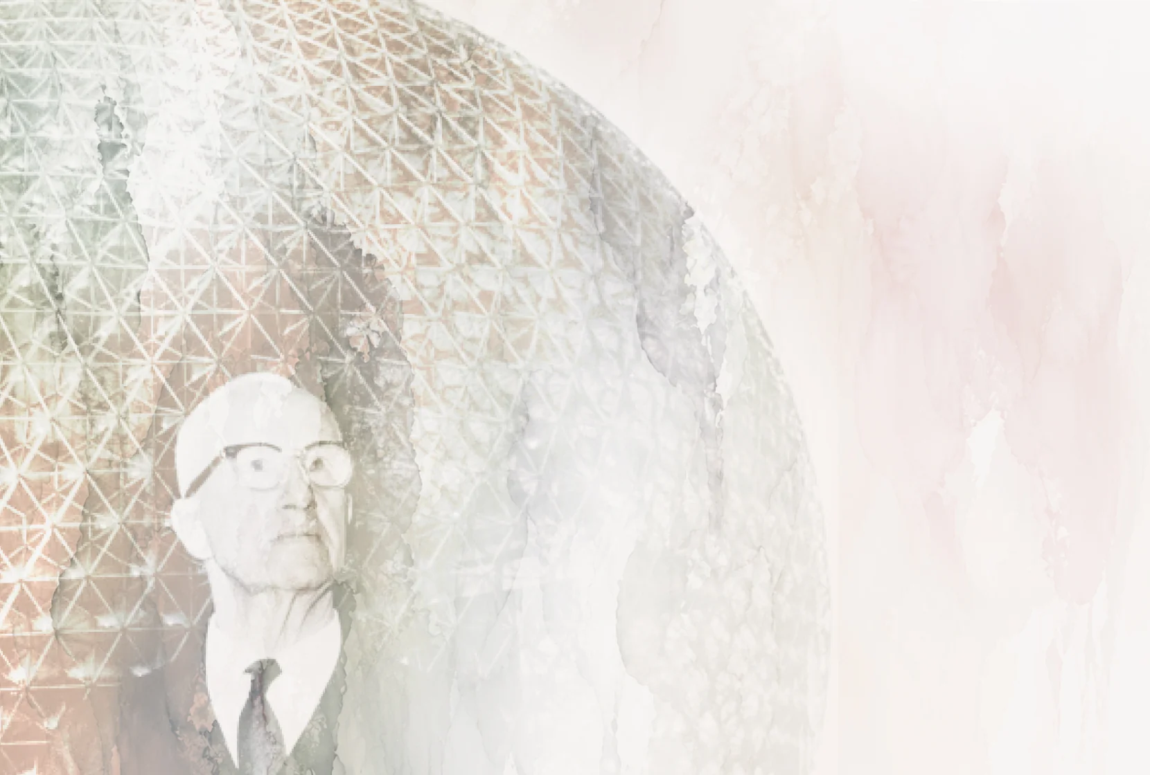 A collage portrait of Buckminster Fuller beside a geodesic dome