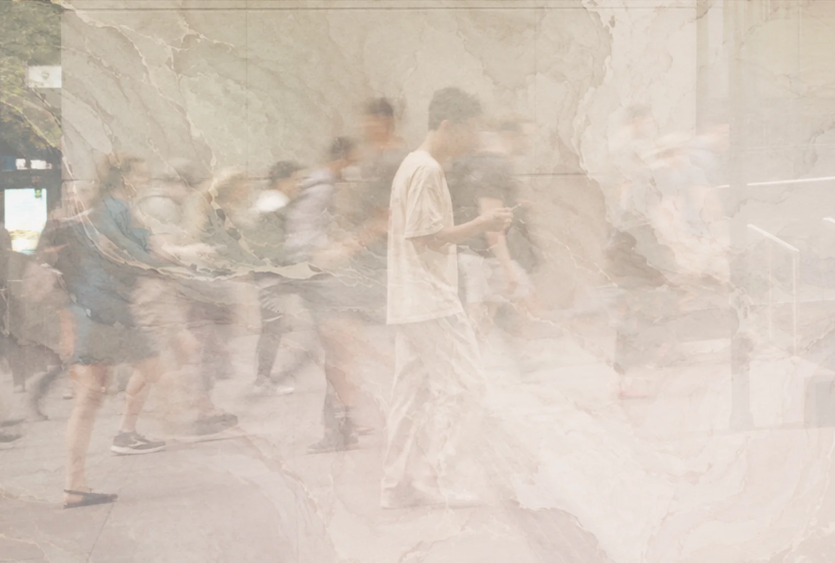 A blurred figure moving through a textured public space in a soft layered collage